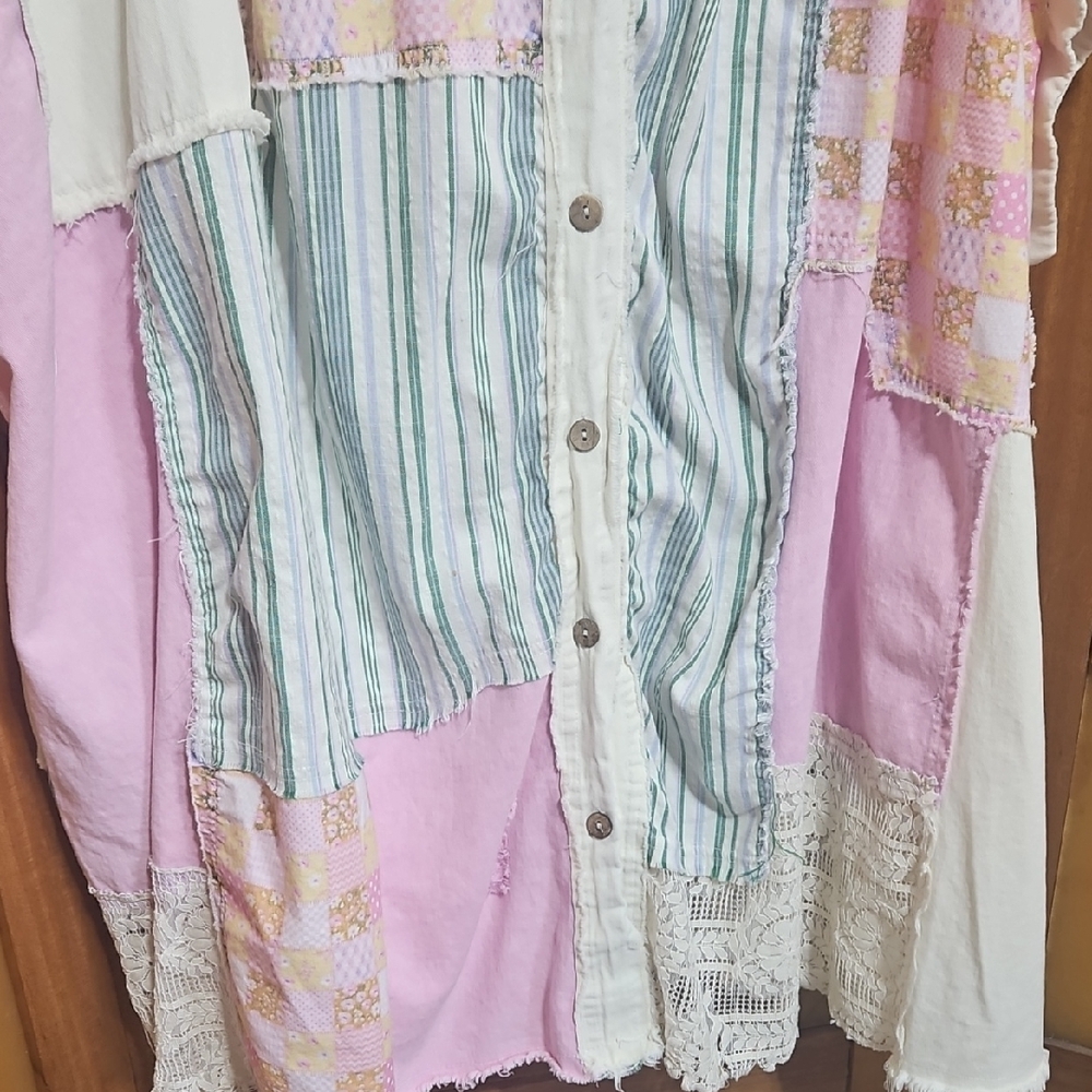Boho Cottagecore Patchwork Button Down Distressed… - image 4